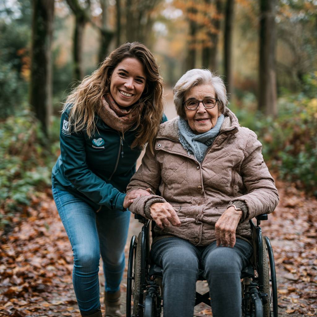 Een zorgverlener en een bewoner in een rolstoel wandelen samen door een herfstbos
